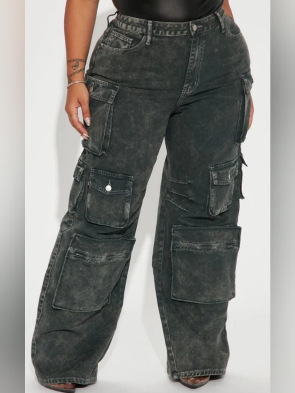 Fashion Nova high-rise acid wash black cargo jeans
